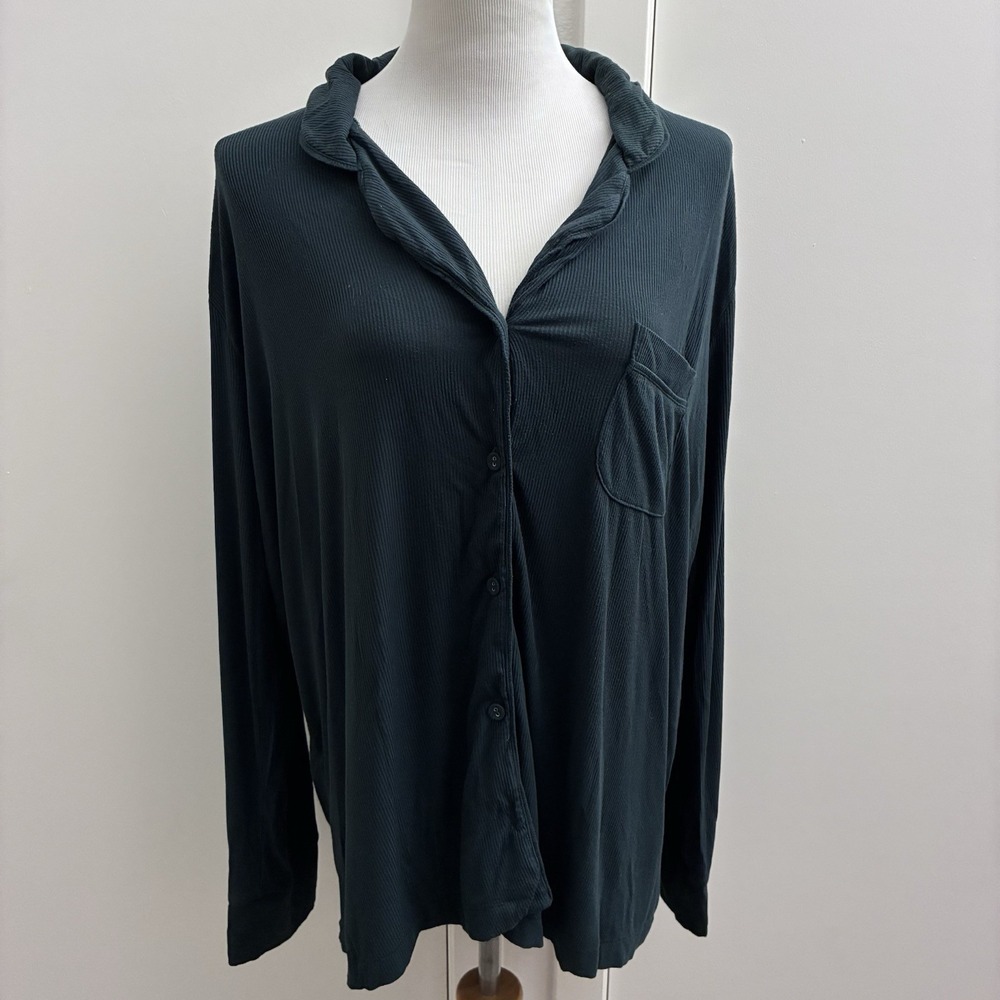 Skims Women's large Soft Lounge Ribbed Pajama Sleep Shirt Dark Green Long Sleeve